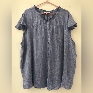 Women's Blue Linen Ruffle Sleeve Button-Front Top